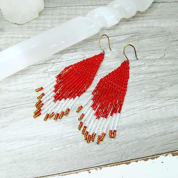 Red & White Boho Chic Fringe Cascade Dangle Earrings, Statement 4" - Picture 7 of 7